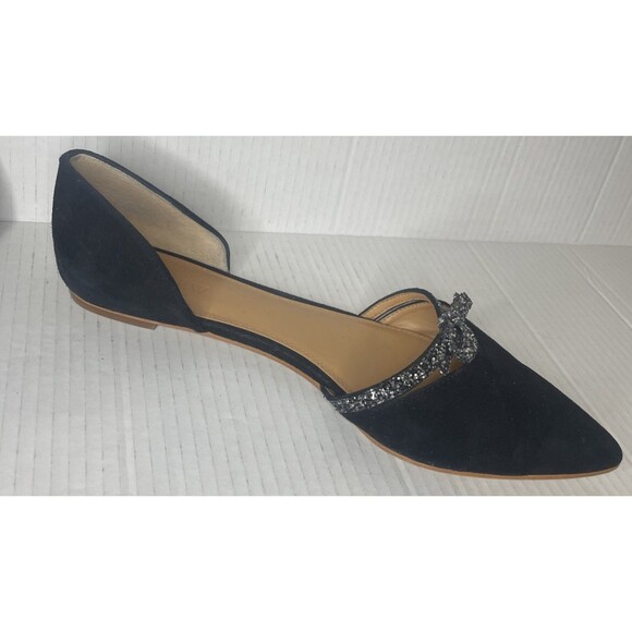 J. Crew Flats 12 Black D'Orsay Suede Glitter Bow Pointed Toe Career Classy Chic - Picture 7 of 16